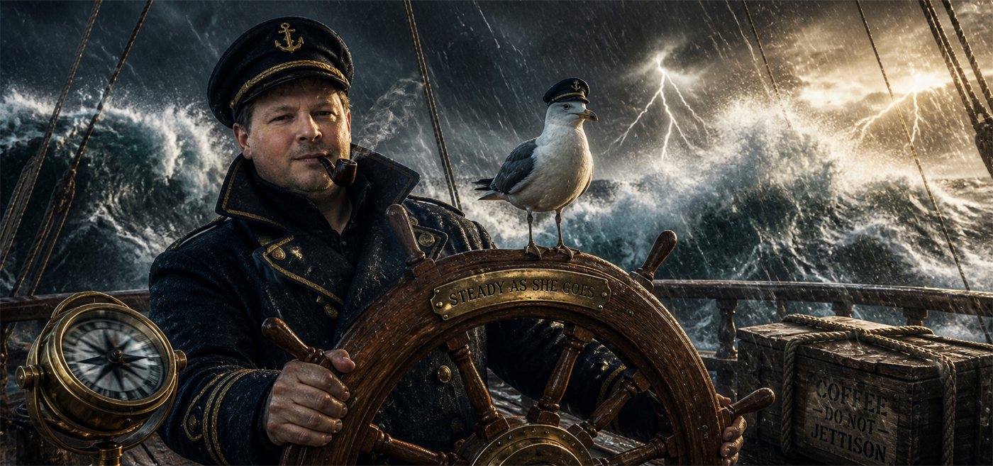A finished mug wrap: a sea captain at the helm in a storm, printed as one continuous panorama