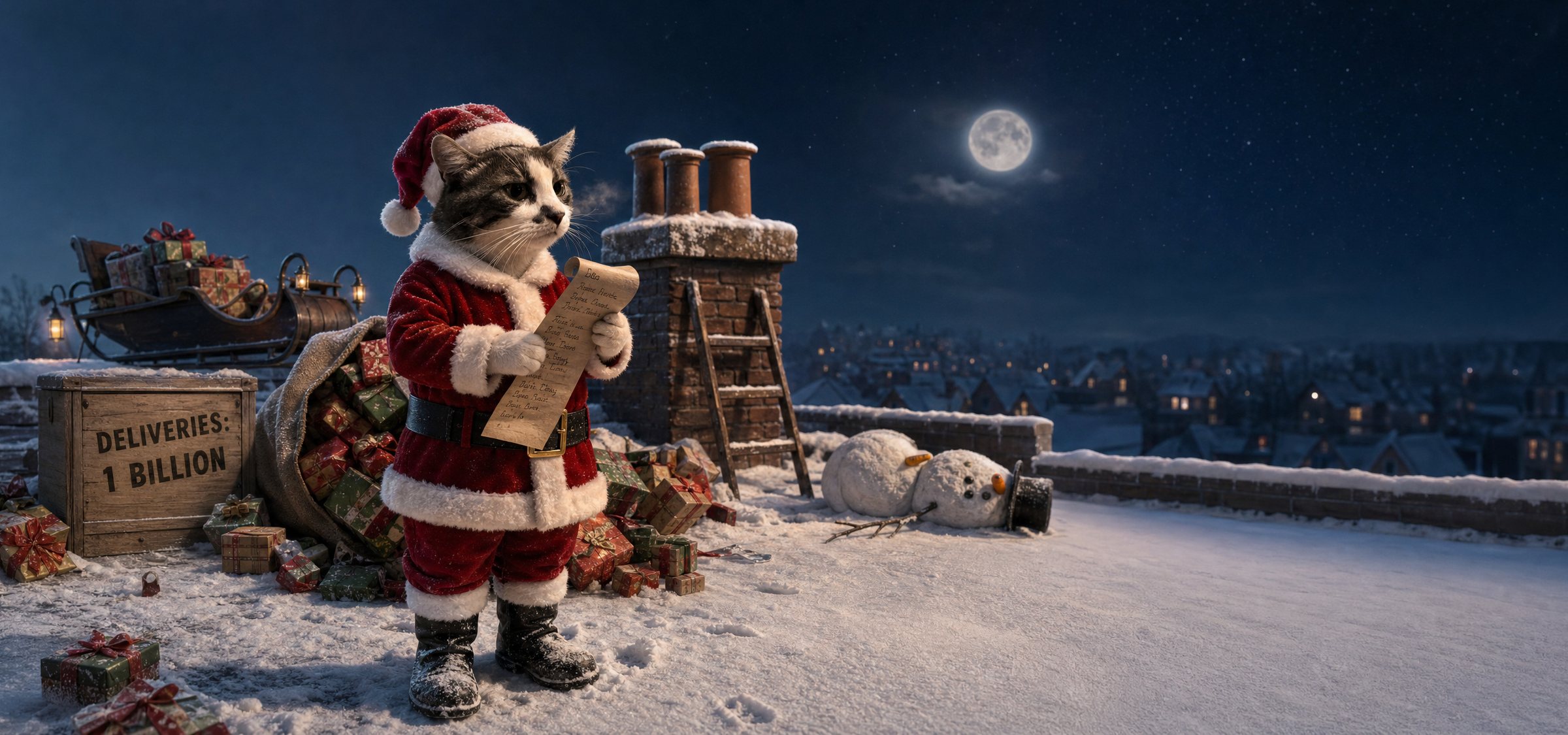 AI-rendered mug design of a cat dressed as Santa Claus on a snowy rooftop