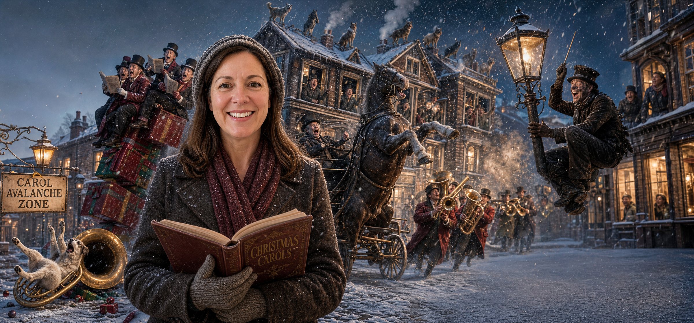 AI-rendered mug design of a person caroling as a horse-drawn carriage and brass band cause chaos behind them