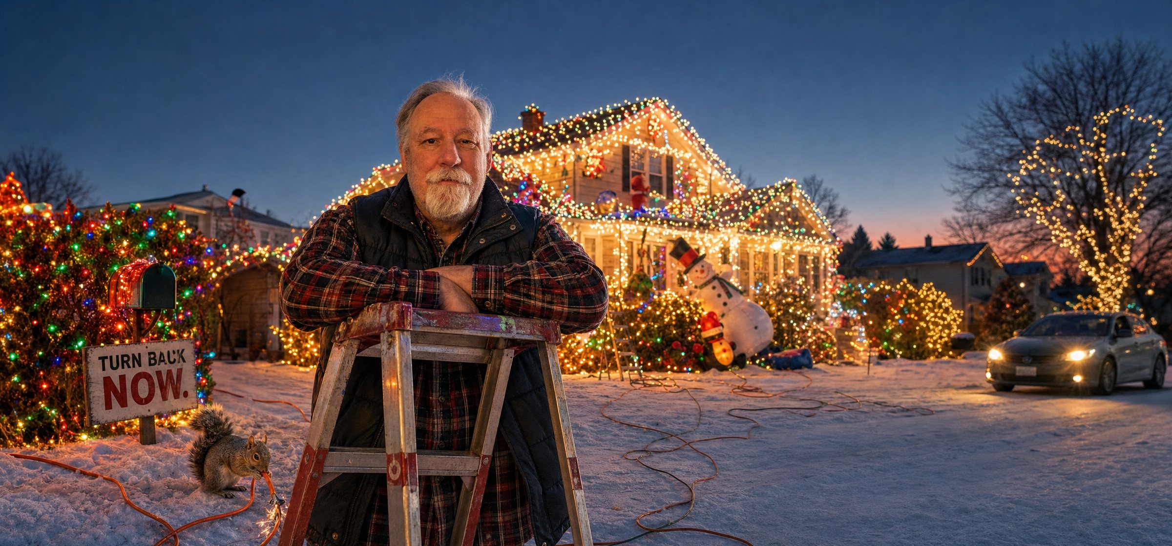 AI-rendered mug design of a person leaning on a ladder in front of an extremely over-decorated house