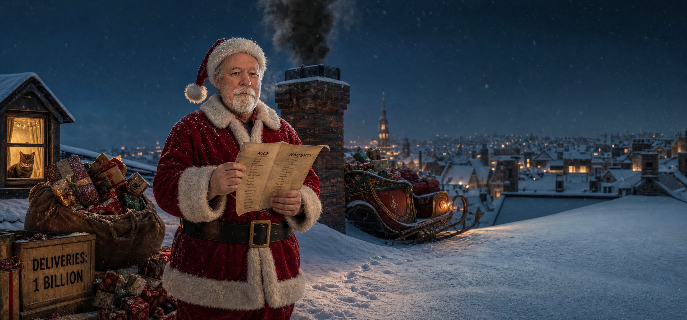 AI-rendered mug design of a person as Santa on a snowy rooftop with a cat watching from a window