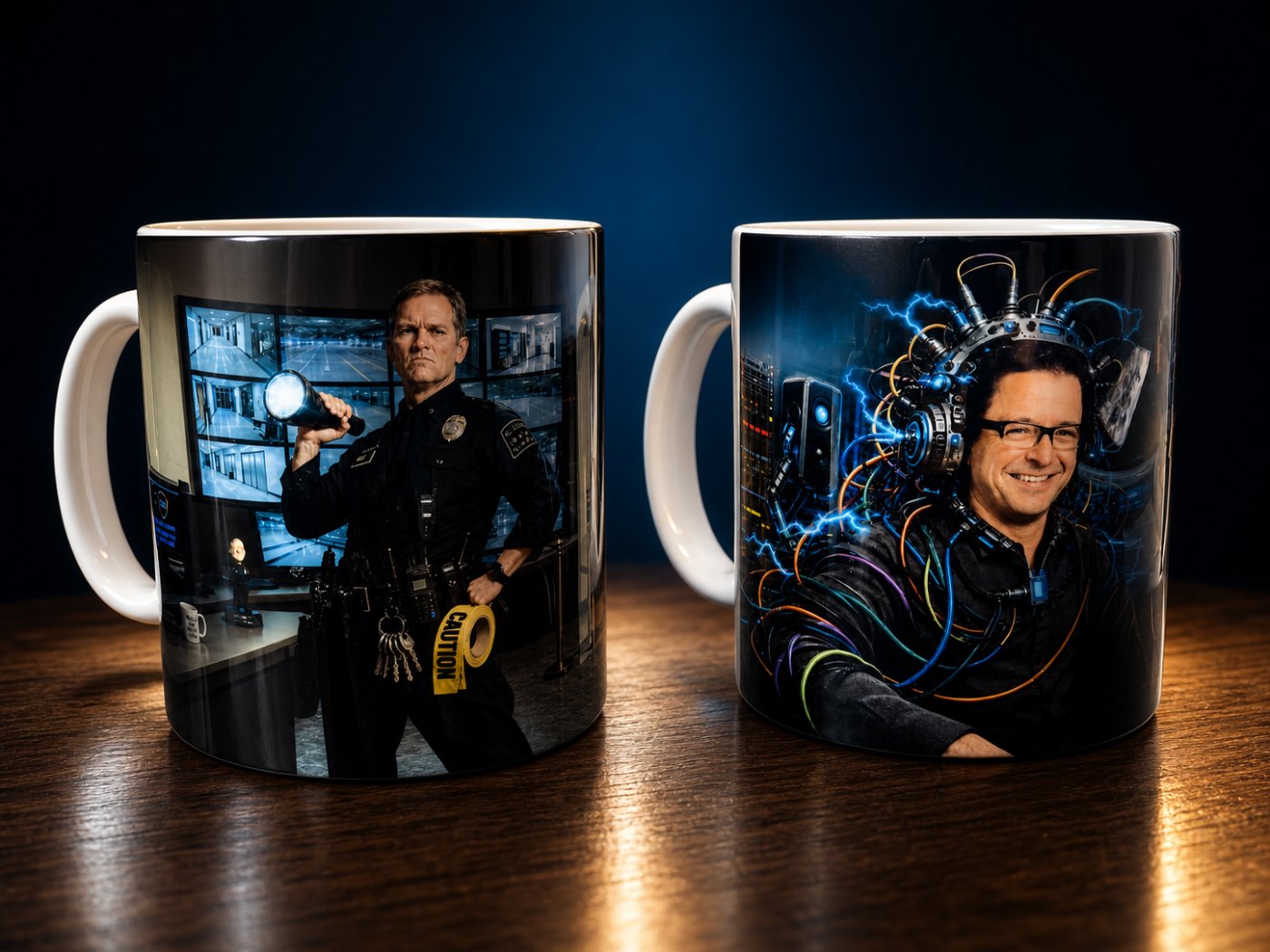 Two finished Custom AI Mugs, each printed with a unique AI-generated portrait