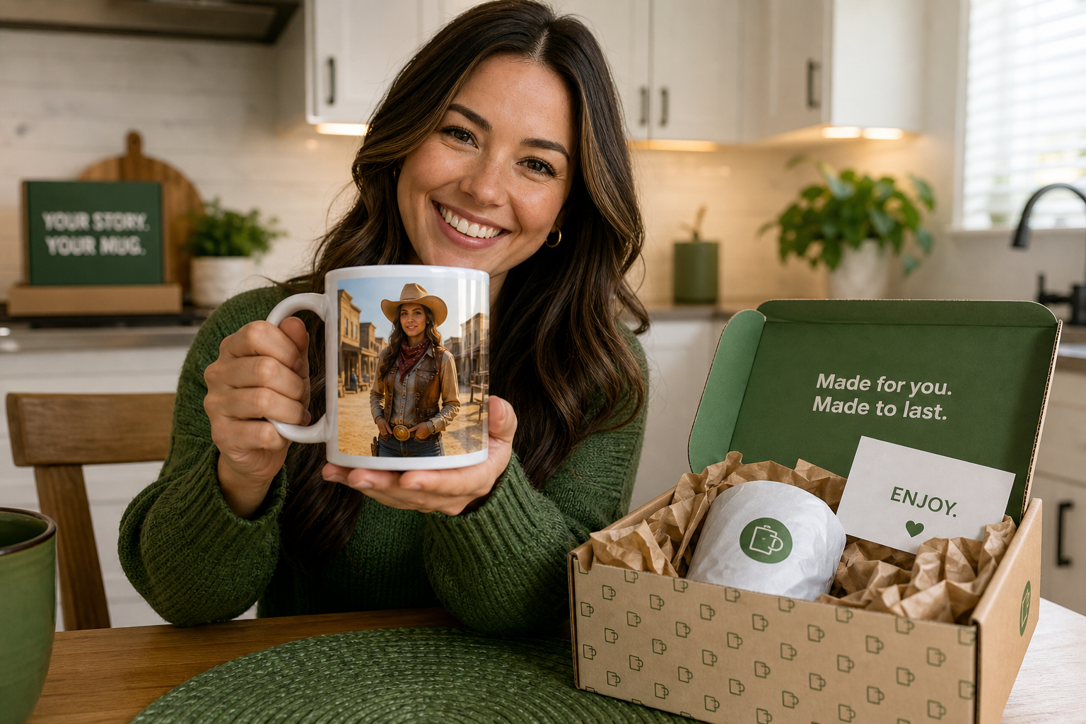 A finished mug printed with the artwork, ready to ship