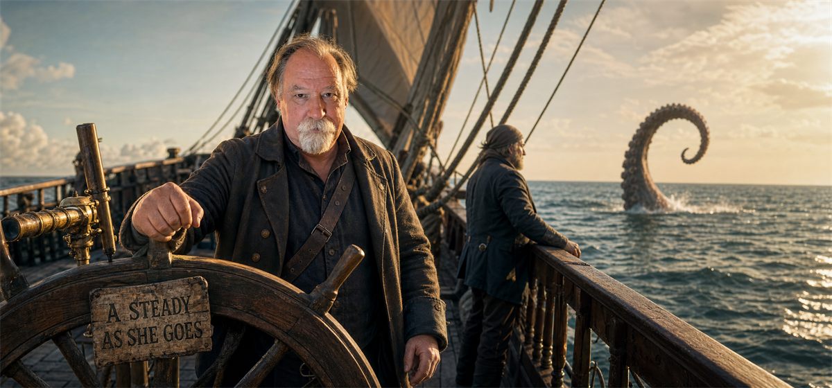 Sea Captain at the helm on a calm evening, played straight