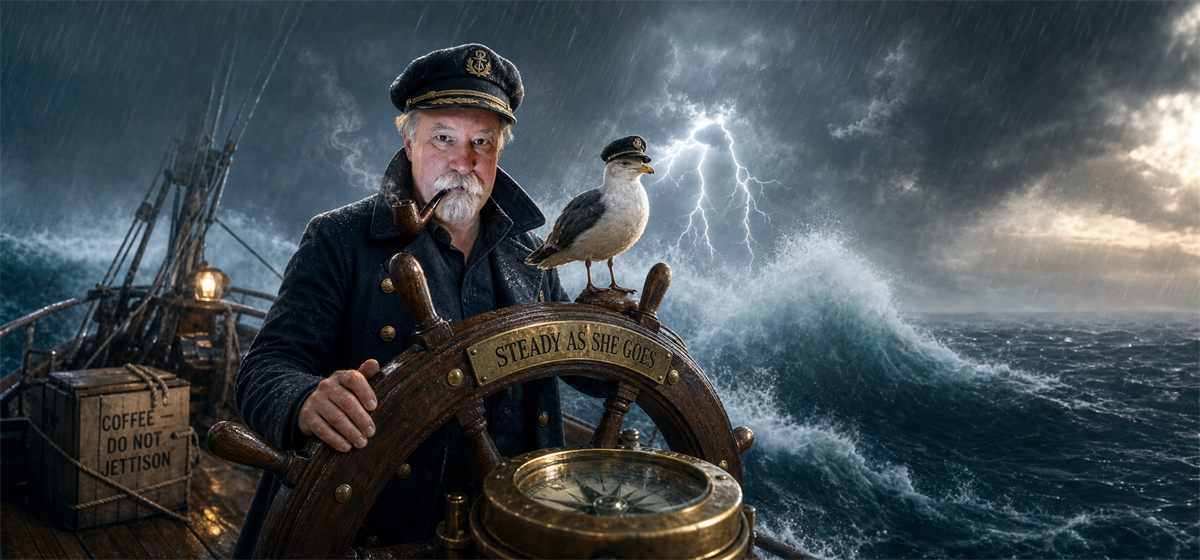 Sea Captain unbothered in a storm, a seagull on the wheel