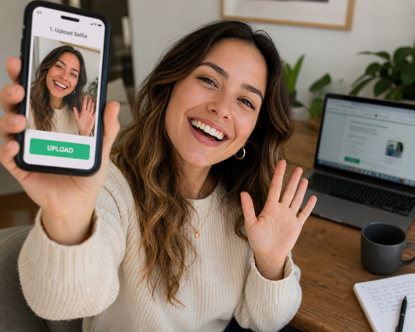 Taking a selfie to upload to Custom AI Mugs